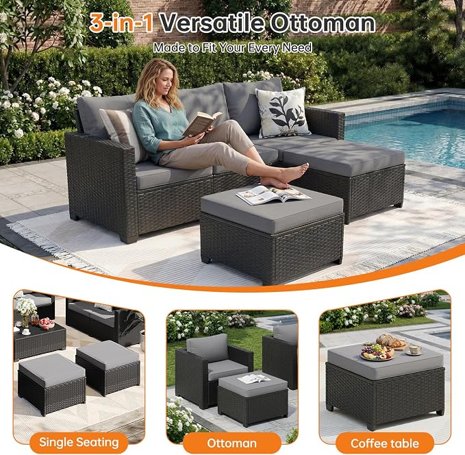 LazySunsets 6-Piece Outdoor Patio Furniture Set, Rattan Outdoor Sectional with Thick Waterproof Cushions, Wicker Ottomans & Waterproof Cover, Patio Conversation Set for Garden, Backyard, Grey