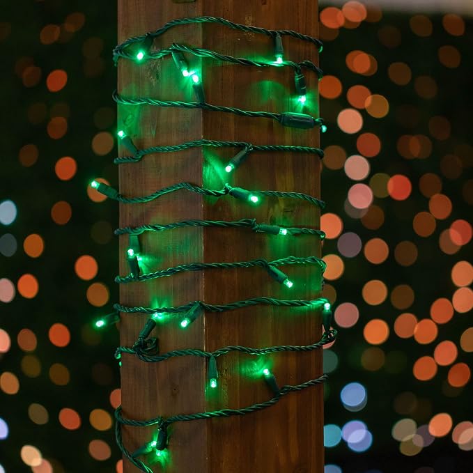 Novelty Lights 12-Pack, 50 Feet 100 LED Green Christmas Mini Light String on Green Wire, 5mm Wide Angle Bulbs, Connectable, Indoor/Outdoor Decor, UL Listed