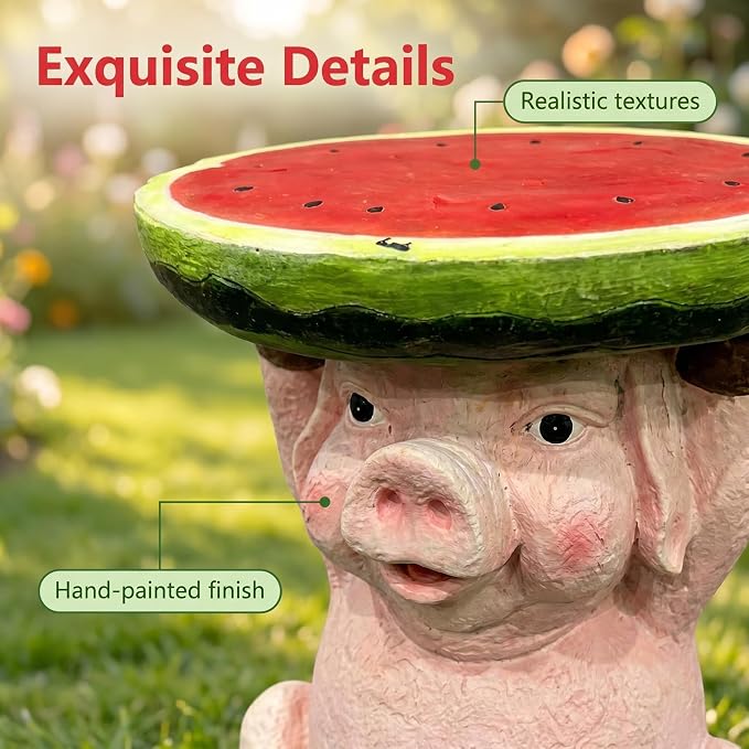 13.4 Inch Tall Pig Side Table Garden Decor Outdoor Resin Statue | Whimsical Watermelon Tray, Plant Stand, End Table Figurine, Weather Resistant