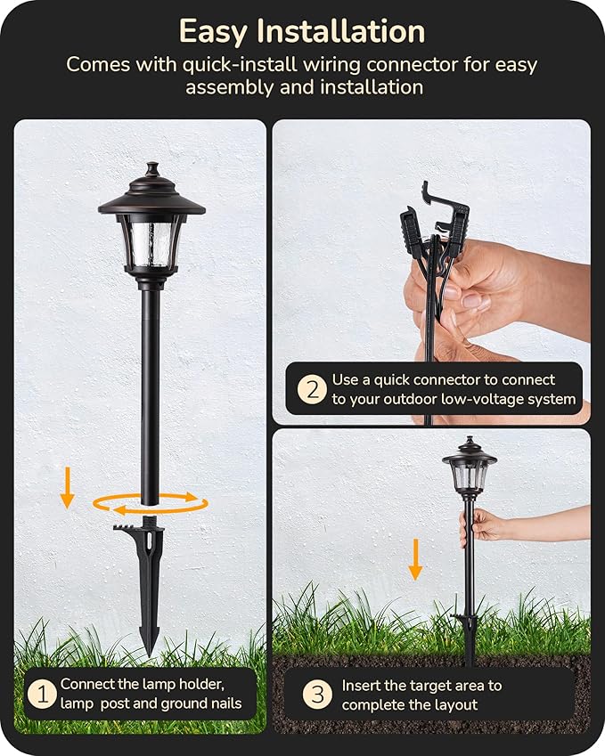 EDISHINE Low Voltage Landscape Lighting 12V 3W 120LM with Connectors 4 Pack | 3000K, Seed Glass, ORB Waterproof Electric LED Pathway Light Wired for Walkway Garden Yard