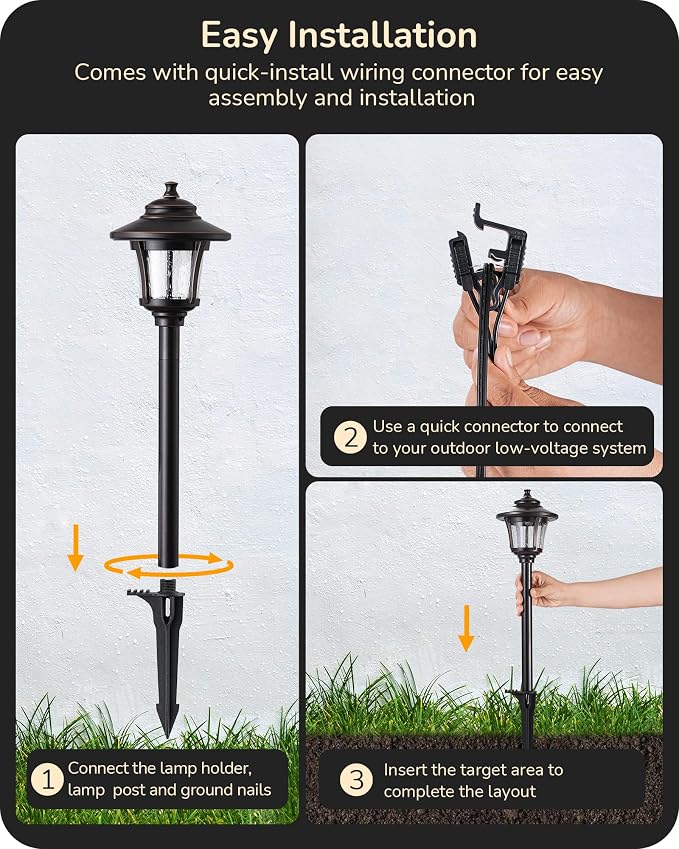EDISHINE Low Voltage Landscape Lighting 12V 3W 120LM with Connectors 6 Pack | Seed Glass, 3000K Warm White, ORB Waterproof Electric LED Landscape Path Lights for Walkway Garden Yard