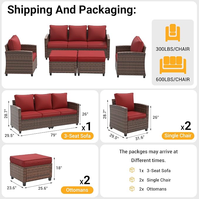 Outdoor Furniture Set, 5 Pcs Wicker Patio Couch with Chairs, Ottomans and Thick Cushions, All Weather Wicker Rattan Patio Conversation Set,Wine Red