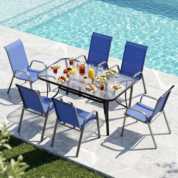 MAMIZO 7 Pieces Patio Dining Set for 6, Outdoor Table and Chairs w/Rectangle Glass Table and 6 Textilene Stackable Chairs, Patio Furniture Set w/1.69" Umbrella Hole (Black Table & Navy Blue Chair)
