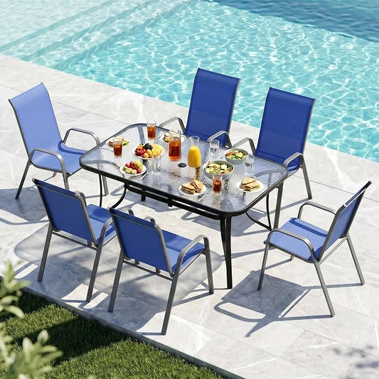 MAMIZO 7 Pieces Patio Dining Set for 6, Outdoor Table and Chairs w/Rectangle Glass Table and 6 Textilene Stackable Chairs, Patio Furniture Set w/1.69" Umbrella Hole (Black Table & Navy Blue Chair)