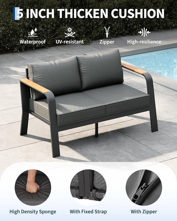 Garvee Outdoor Loveseat Aluminum Patio Furniture Sofa All-Weather Metal Outdoor Couch with Cushions Modern Outdoor 2 Seats Sofa for Garden, Balcony, Deck, Backyard, Dark Grey