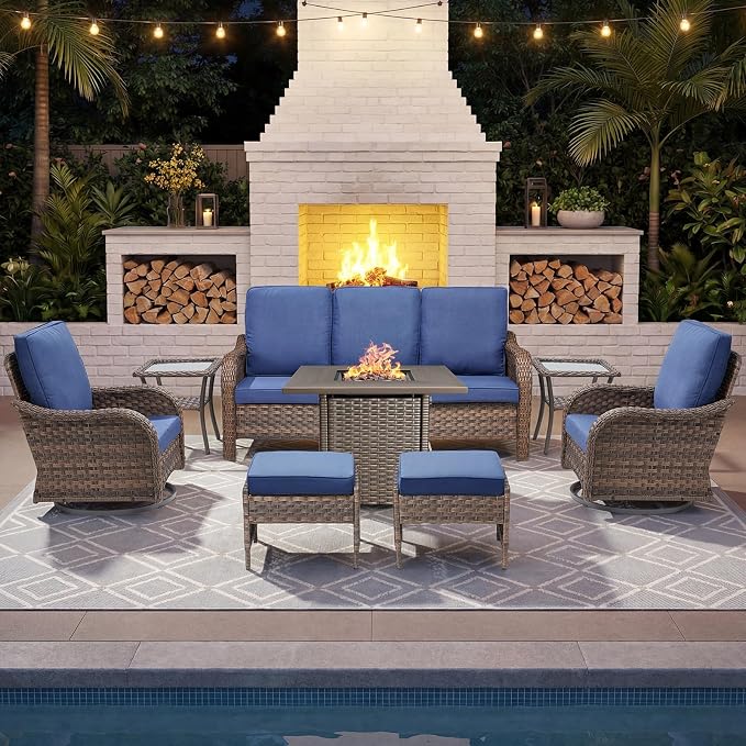 Patio Furniture Set - 8 Pieces All Weather Wicker Outdoor Furniture with 2 Swivel Chairs, 2 Ottomans, 1 Sofa,2 Side Table and Fire Pit Table, Ergonomic Design for Porch, Deck, and Backyard(Blue)