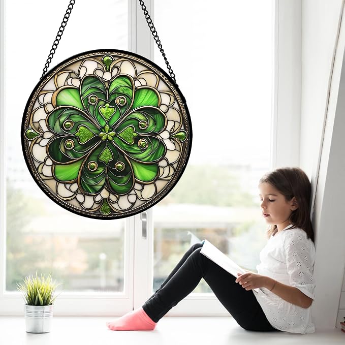 DASTOLL Stained Glass Window Hanging St. Ripak Festival Green Lucky Clover Large 11.8" - Suncatcher Door Garden Sun Catcher Ireland Decor Mother's Day for Mom Woman Her Men Sisters