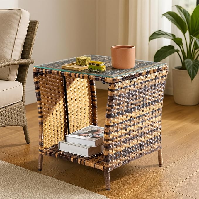 Outvita Outdoor Side Table, Rattan Coffee Table Small End Table with Glass Top Storage for Patio Porch Backyard Balcony