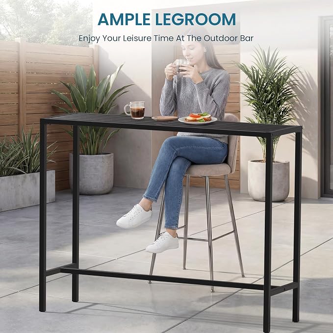 Outdoor Bar Table, 45in Bar Height Table, Black Metal Frame with Weatherproof Top, HDPE Outdoor Furniture for Patio, Hot Tub, Party, Balcony, Indoor