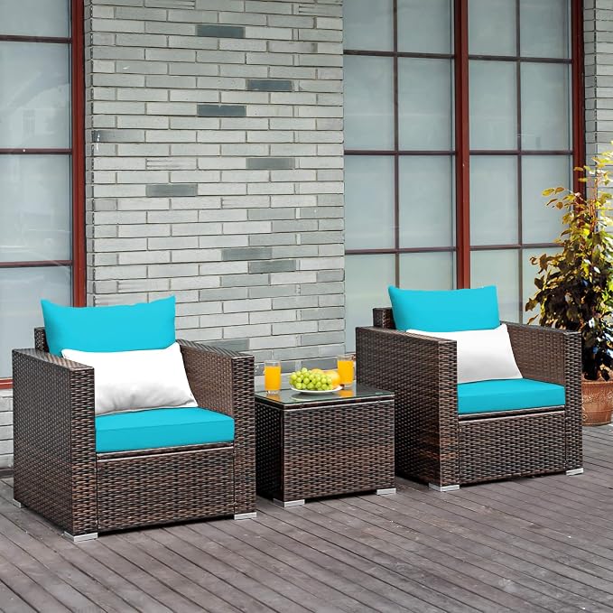 COSTWAY 3-Piece Patio Furniture Set, Outdoor Wicker Rattan Sofa with Cushions and Coffee Table with Tempered Glass, Modern Conversation Chair Set for Poolside Backyard Balcony Lawn (Turquoise)