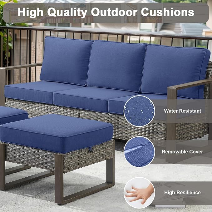 Belord 5 Piece Outdoor Wicker Patio Conversation Furniture Set Deep Seating, Metal Wide Armrests Patio Sofa Set with Rattan Chairs Ottomans for Porch Deck Sunroom Backyard