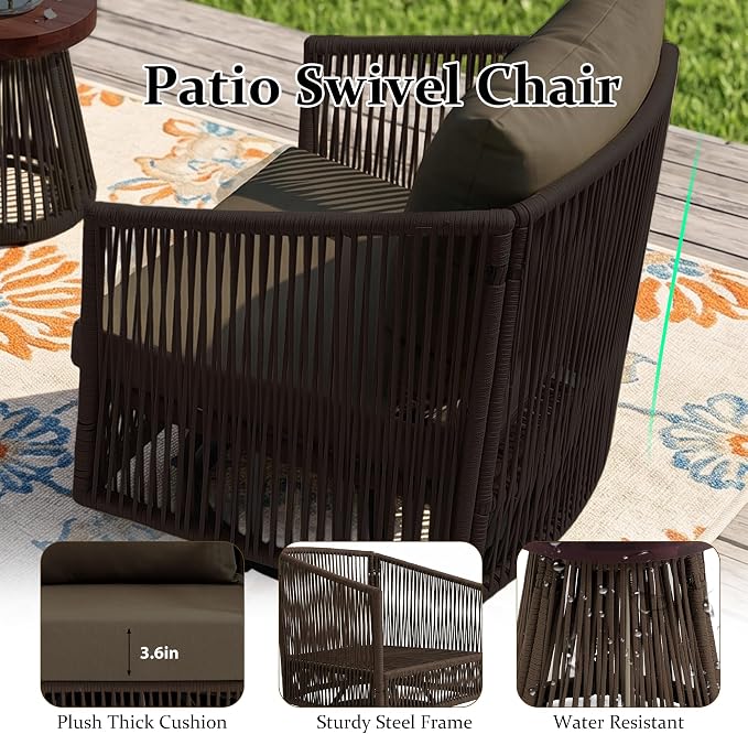 Outdoor Patio Furniture Set, 3 Pieces Outdoor Swivel Chairs with Coffee Table and Thick Cushion, Pe Wicker Rope Furniture Set for Entertaining, Balcony, Garden, Poolside, Coffee