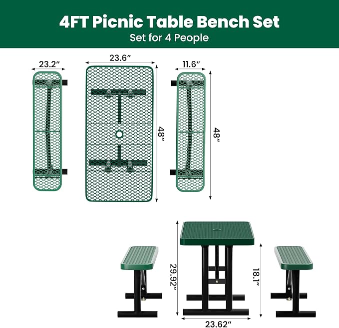 4FT Outdoor Metal Picnic Table with 2 Benches,Heavy Duty Rectangular Picnic Table Set for Outside, Waterproof Commercial Restaurant Table Furniture for Park, Campfield, Patio, Garden, Yard