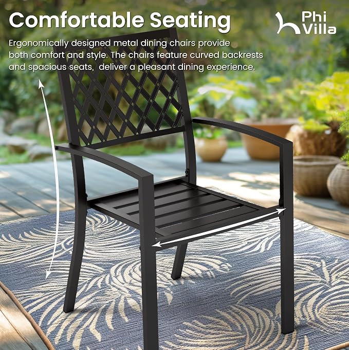 PHI VILLA 7 Pieces Outdoor Dining Set for 6, 59" Rectangle Wrought Iron Table with Umbrella Hole & Swivel Fixed Chairs with Cushions, Modern Metal Furniture for Patio, Deck, Yard, Porch