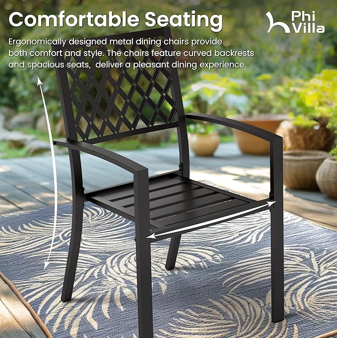 PHI VILLA 7 Pcs Patio Dining Set for 6, Rectangular Metal Table | 60”Black Metal Table with Umbrella Hole&Wrought Iron Chairs, Patio Furniture Set for Patio, Deck, Porch, Backyard