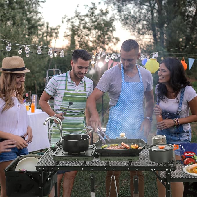 REDCAMP Lightweight Portable Camping Kitchen Table with Sink, Metal Folding Grill Table Cooking Station with Hooks for Outdoor, BBQ, Party and Picnic(Faucet/Sprayer NOT Included)