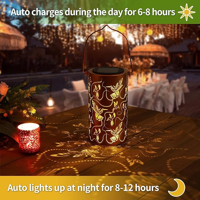 Solar Lanterns Outdoor Hanging Hummingbird Decor Lantern,Waterproof Hollow Out Metal Decorative Garden Light,Graceful Decoration for Patio,Yard,Landscape,Walkway,Festival