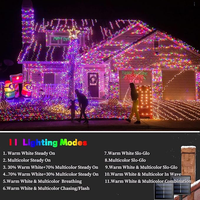 Solar Christmas lights Outdoor 2 Pack 480 LED Warm White to Multicolor | 170FT, 8 Lighting Modes, Memory Function, Auto On/Off, Waterproof Twinkle Lights for Outside Roof Porch Patios Balcony Decor
