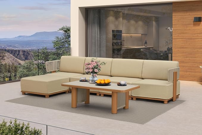 PURPLE LEAF Patio Furniture Set Modular L-Shaped Outdoor Sectional Sofa with 11" Thick Olefin Cushion 6-Piece Outdoor Conversation Set with Ottoman and Table for Backyard Garden Poolside, Beige