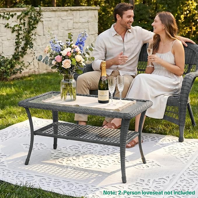 VIVIJASON Outdoor Wicker Coffee Table, All-Weather Rattan Patio Coffee Table with 2-Tier Storage, Tempered Glass Top Rectangle Center Table for Deck, Garden, Balcony, Indoor or Outdoor Use, Gray