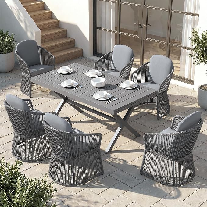 SUNSITT 7 Piece Outdoor Patio Dining Set, 65" - 107" Metal Expandable Outdoor Dining Table with X-Shape Legs, 6 Woven Wicker Outdoor Patio Chairs w/Curved Armrest for Garden, Dark Grey