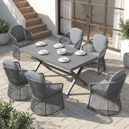 SUNSITT 7 Piece Outdoor Patio Dining Set, 65" - 107" Metal Expandable Outdoor Dining Table with X-Shape Legs, 6 Woven Wicker Outdoor Patio Chairs w/Curved Armrest for Garden, Dark Grey