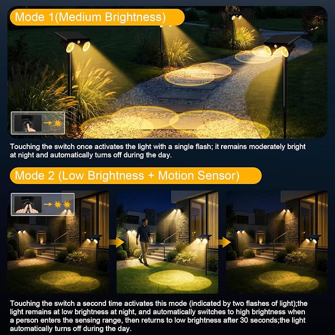 Solar Lights Outdoor Waterproof, Dual Heads Adjustable Solar Spot Lights Outdoor, 2-in-1 Motion Sensor Solar Powered Spotlight Landscape Lighting for Garden, Yard, Pathway- 2 Pack (Warm Light)