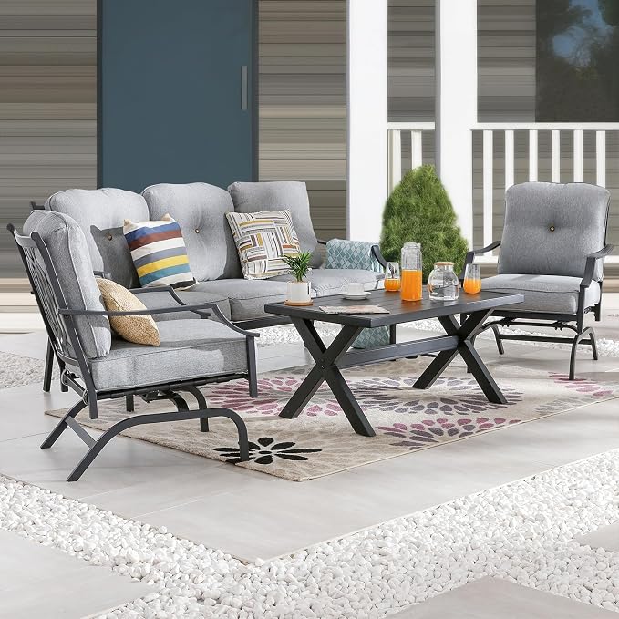 Patio Conversation Set 4 Pieces Metal Outdoor Furniture Sets Outside 3-Seat Sofa with Rocking Chairs Coffee Table (Grey)
