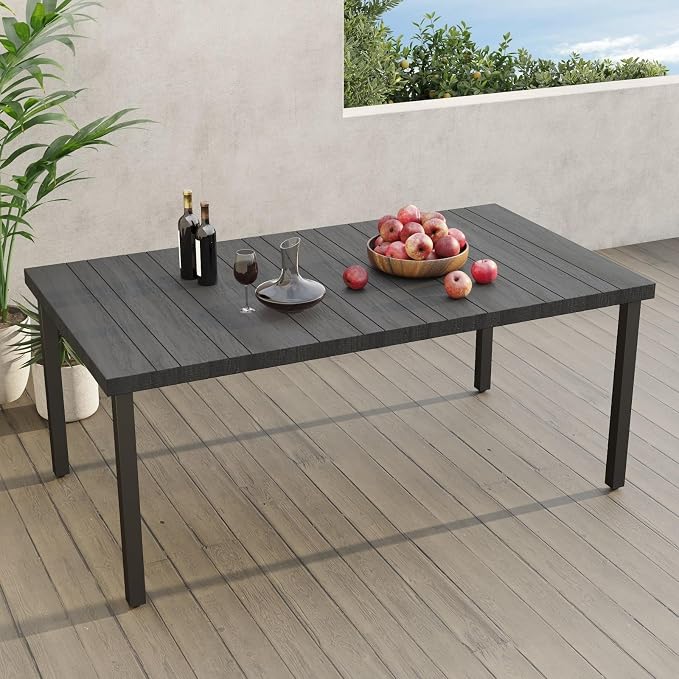Grand patio 71.5" x 39" Outdoor Dining Table, Rectangular Patio Table, Embossed Woodgrain with 1.5" Market Umbrella Hole for Garden, Lawn, Backyard (Black)