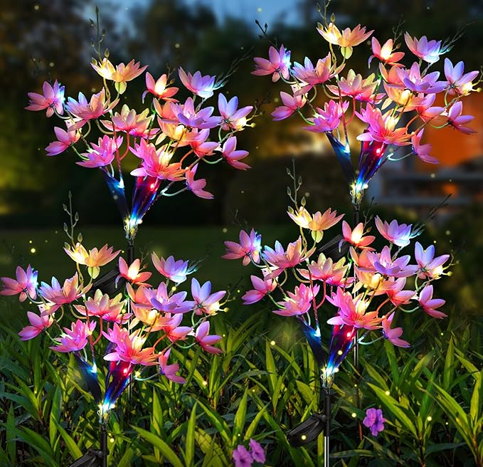 Neporal Solar Flowers Outdoor Waterproof IP65, 5-Head Snow Lotus with 20+ Flowers, 4-Color Light & 2 Lighting Modes, Decorative Solar Lights Outdoor Garden, Yard, Pathway, Flower Bed (4-Pack, Pink)