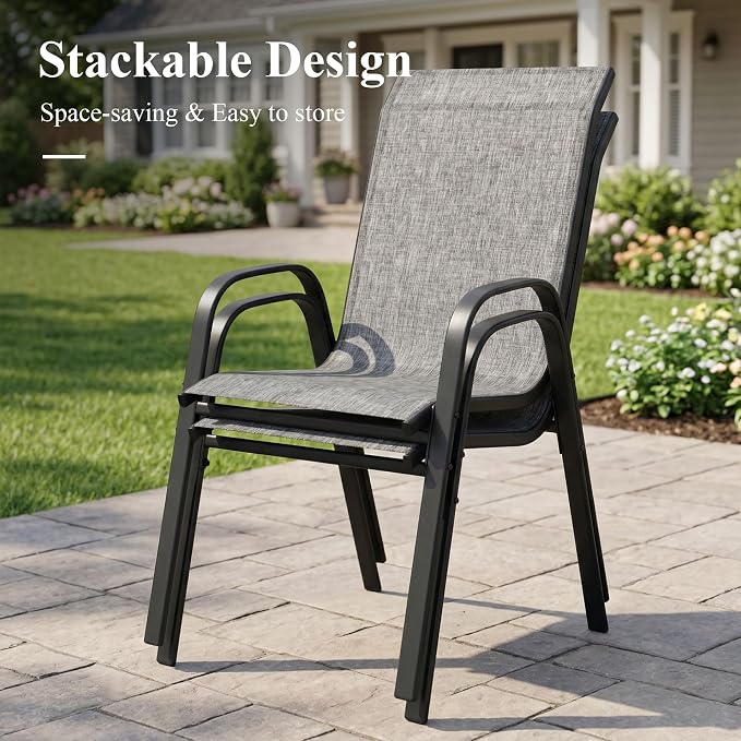 7 Pieces Outdoor Dining Set, 47.2" Round Table with Umbrella Hole & Stackable Patio Dining Chairs, Patio Table and Chairs Set for Deck Garden Porch, Grey Chairs & Grey Table