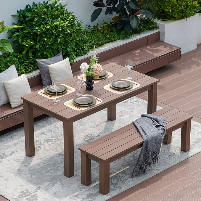 59" Outdoor Dining Table, 6-Person Rectangular Poly Lumber Patio Table, Heavy Duty 800lbs Capacity, Anti-Fade All-Weather HDPE Table, Low Maintenance, for Garden, Backyard, Porch, Indoor & Outdoor Use
