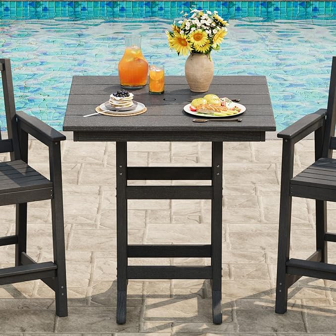 Takywep 31.5" Square HDPE Wood Grain Outdoor Bar Table, 39.6" High Weatherproof Pub Table for Patio and Poolside, Tall Bistro Table with 300 Lb Weight Capacity and Umbrella Hole, Dark Grey