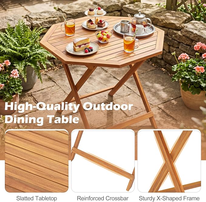 Tangkula 37.5” Folding Patio Table for 4, Acacia Wood Octagonal Outdoor Dining Table with Slatted Tabletop, Indoor Outdoor Portable Bistro Table for Poolside, Garden, Porch & Deck