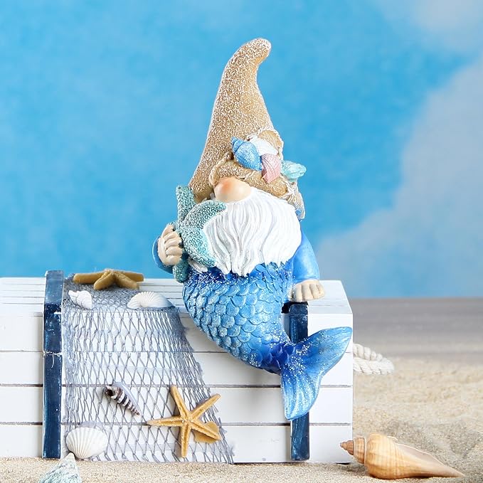 Mermaid Garden gnome Statue Outdoor Decor, Beach Decor for Outside Indoor | Mermaid Gnomes Figurine for Garden decor, Beach Gnomes for Patio Lawn Yard Porch Shelf Bookshelf Edge Table Windowsill