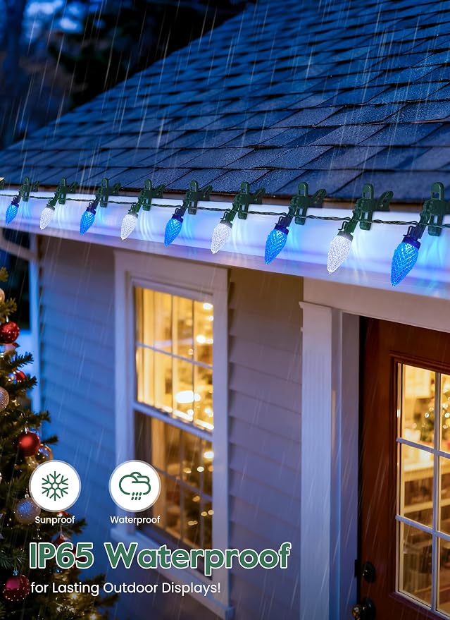 C9 Christmas Lights Outdoor, 102FT 150 LED String Lights with Spring Clips | Waterproof Connectable Commercial Grade Christmas Tree Lights for Outside Roofline Patio Yard Home Decor, Blue|Pure White