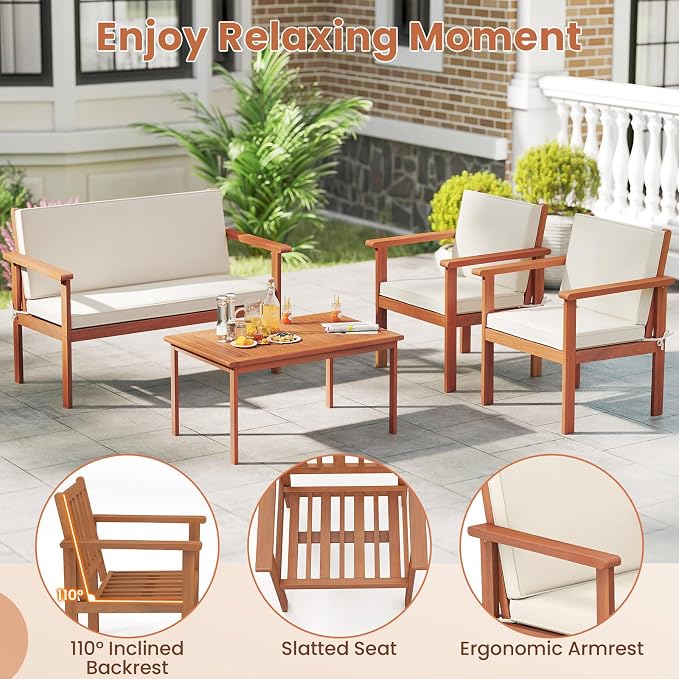 COSTWAY 8 Pieces Acacia Wood Conversation Set, Acacia Wood Porch Chairs with Table, Loveseat and Cushions, Outdoor Conversation Sofa Set for Garden, Balcony and Backyard