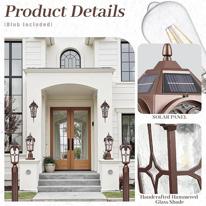 17.3 Inch Outdoor Solar Post Light, Dusk to Dawn Pier Mount Pole Lamp, Oil Rubbed Bronze Aluminum with Seeded Water Ripple Glass, Waterproof Exterior Lantern for Yard Garden Patio Driveway