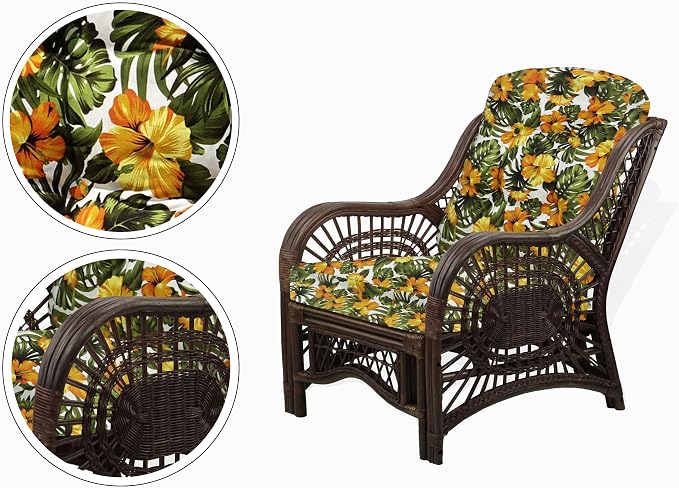 Malibu Lounge Set of 4: 2 Natural Rattan Wicker Chairs, Three-Seater Sofa with Cushions and Coffee Table with Glass Handmade, Dark Brown Color