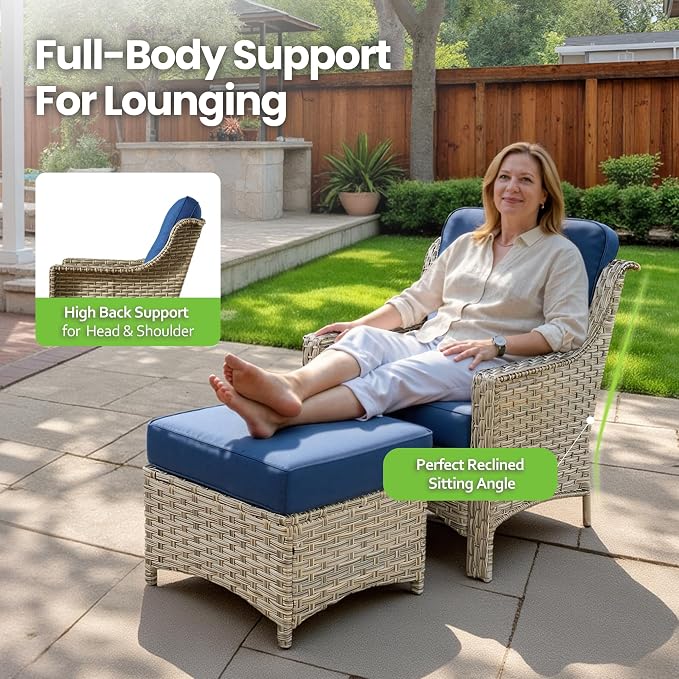 6 Piece Patio Furniture Set with Solar Lights Coffee Table, Outdoor Wicker High Back Sofa Chairs Ottomans with Cushions, All Weather Conversation Set for Backyard Porch Deck, Navy Blue