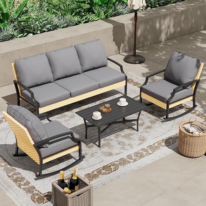 AECOJOY Patio Furniture Set, 4 Piece Rattan Conversation Set, Dark Gray | 3mm Rust-Resistant Steel, 5-Inch Cushions, 2 Rocking Chairs and Coffee Table for Porch, Garden, Lawn and Backyard