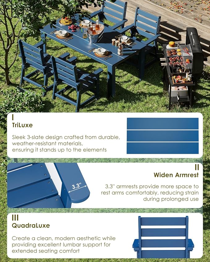 GREENVINES 5-Piece Patio-Dining-Set | HDPE Plastic | Outdoor Table and Chairs Sets for 4 | Patio Furniture | All Weather | Umbrella Hole | for Backyard Poolside Garden | Blue