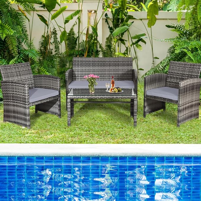Tangkula 8 Pieces Patio Wicker Conversation Furniture Set, Patiojoy Sofa & Table Set w/4 Seats, Outdoor Rattan Sofa Set for Balcony Backyard, Wicker Chair Set with Tempered Glass Coffee Table