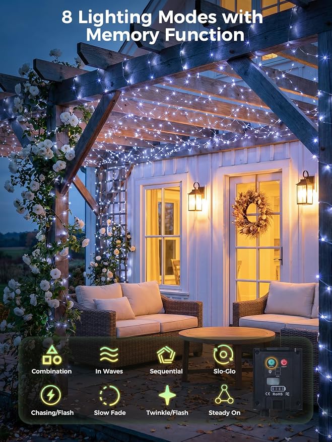 Solar String Lights for Outside,200FT 600 LEDs Solar Fairy Lights,Waterproof 8 Modes Button Outdoor String Light for Patio Garden Backyard Tree Wedding Christmas,Silver Wire,Cool White