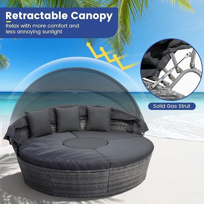 RELAX4LIFE Round Outdoor Daybed with Canopy, Rattan Wicker Sectional Sofa Set w/Cushions, Height Adjustable Table, Conversation Bed Lounger Separated Seating for Outside Pool, Patio Daybed (Grey)