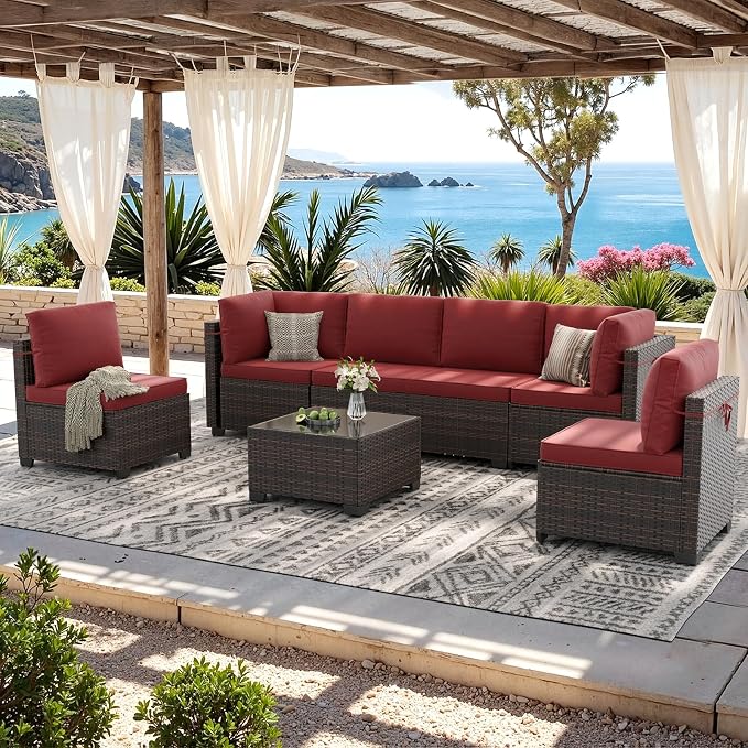 Soohow 7-Piece Patio Furniture Set, Outdoor Conversation Set, Thickened All-Weather Rattan Sectional Sofa with Tempered Glass Table for Garden, Porch, Backyard - Wine Cushions