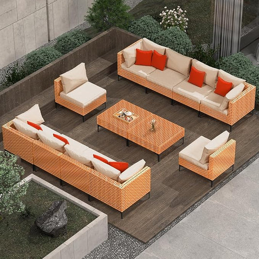 12 Piece Modular Outdoor Furniture Set - Wicker Sectional Sofa With Table for Patio, Balcony, Porch, Deck, Yard (Salmon&Orange Wicker, Sand Cushion)