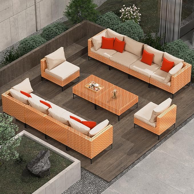 12 Piece Outdoor Patio Furniture Set Modular Outdoor Furniture Set Wicker Outdoor Sectional Sofa with Cushions and Tea Table Patio Set for Balcony Porch Deck Yard (Salmon&Orange Wicker, Sand Cushion)
