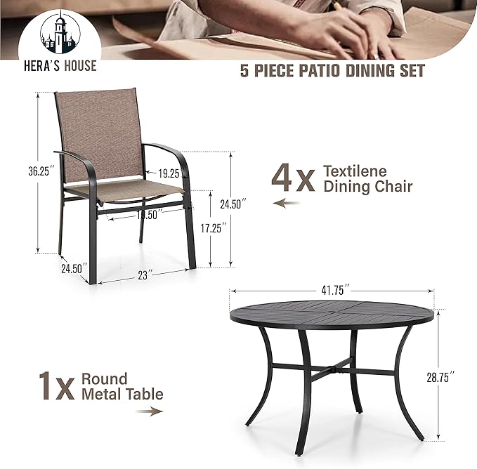 HERA'S HOUSE 5pc Patio Dining Set for 4, 42" Round Metal Table | Brown textilene chairs, umbrella hole. Waterproof, rust-resistant, all-weather for backyard, porch