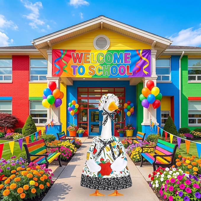 FuWeave Back to School Porch Goose Outfit Set for Plastic Statue Lawn Porch Goose Clothes with Schoolbag for Patio Decor